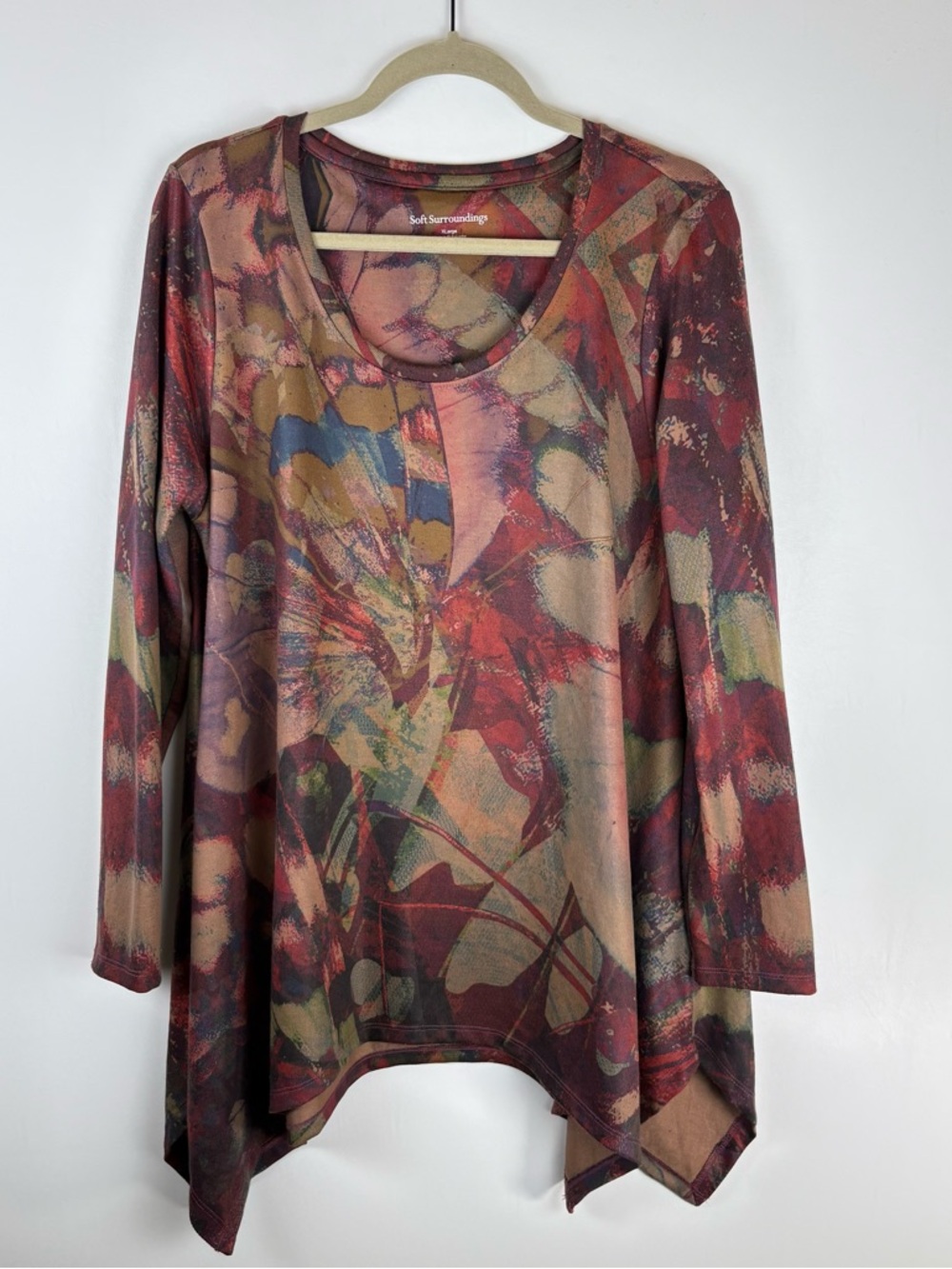 Soft Surroundings Womens X Large Blouse Tye Dye Long Sleeve Asymmetrical Hem Red